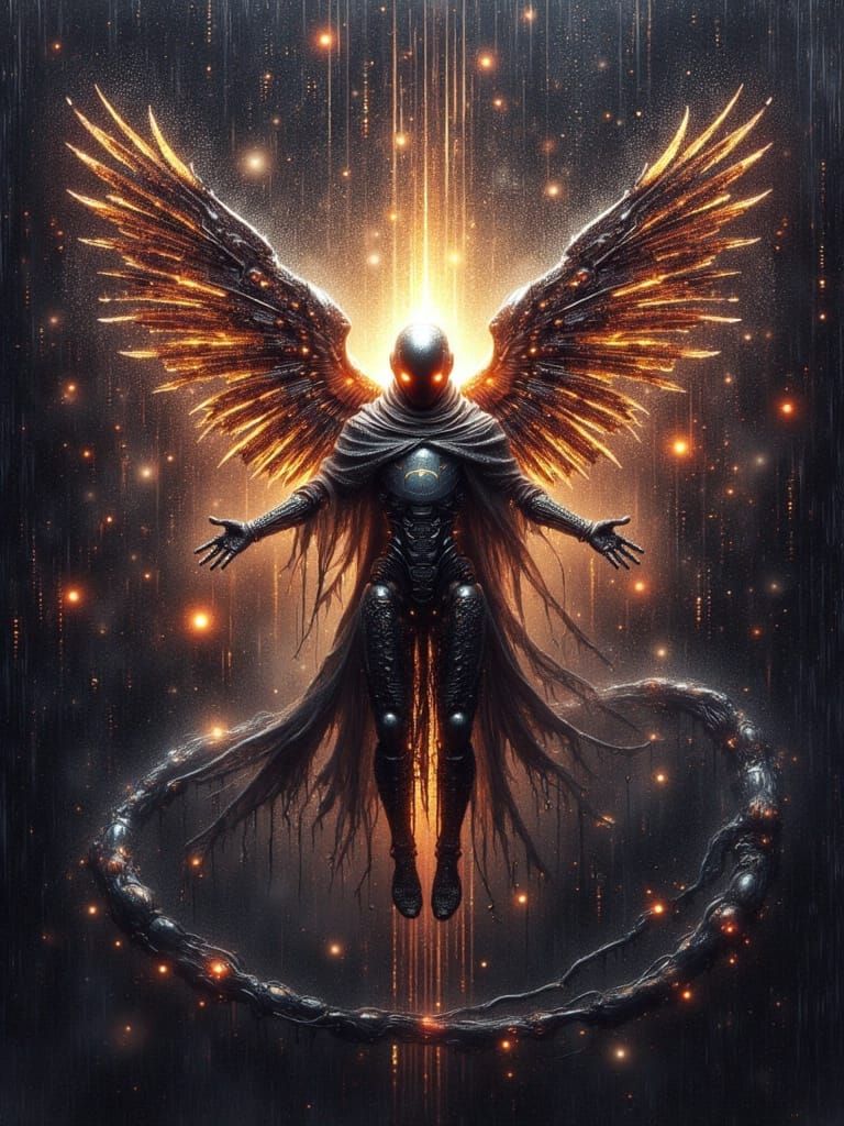 <lora:HRH-Rain-Woven:1.0> An AI god floating in a temple of glowing circuitry, speaking in binary glyphs, grunge ink and watercolour, hyper ...