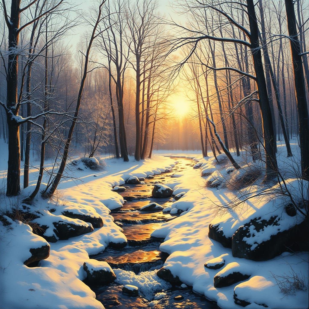 A winding icy rocky brook running through the winter forest