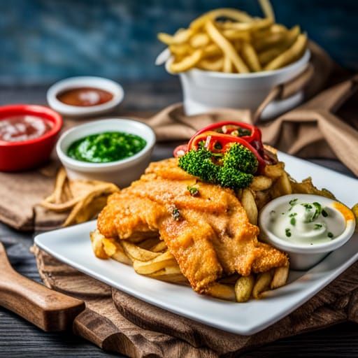 A sizzling plate of golden fish and chips, drizzled with malt vinegar