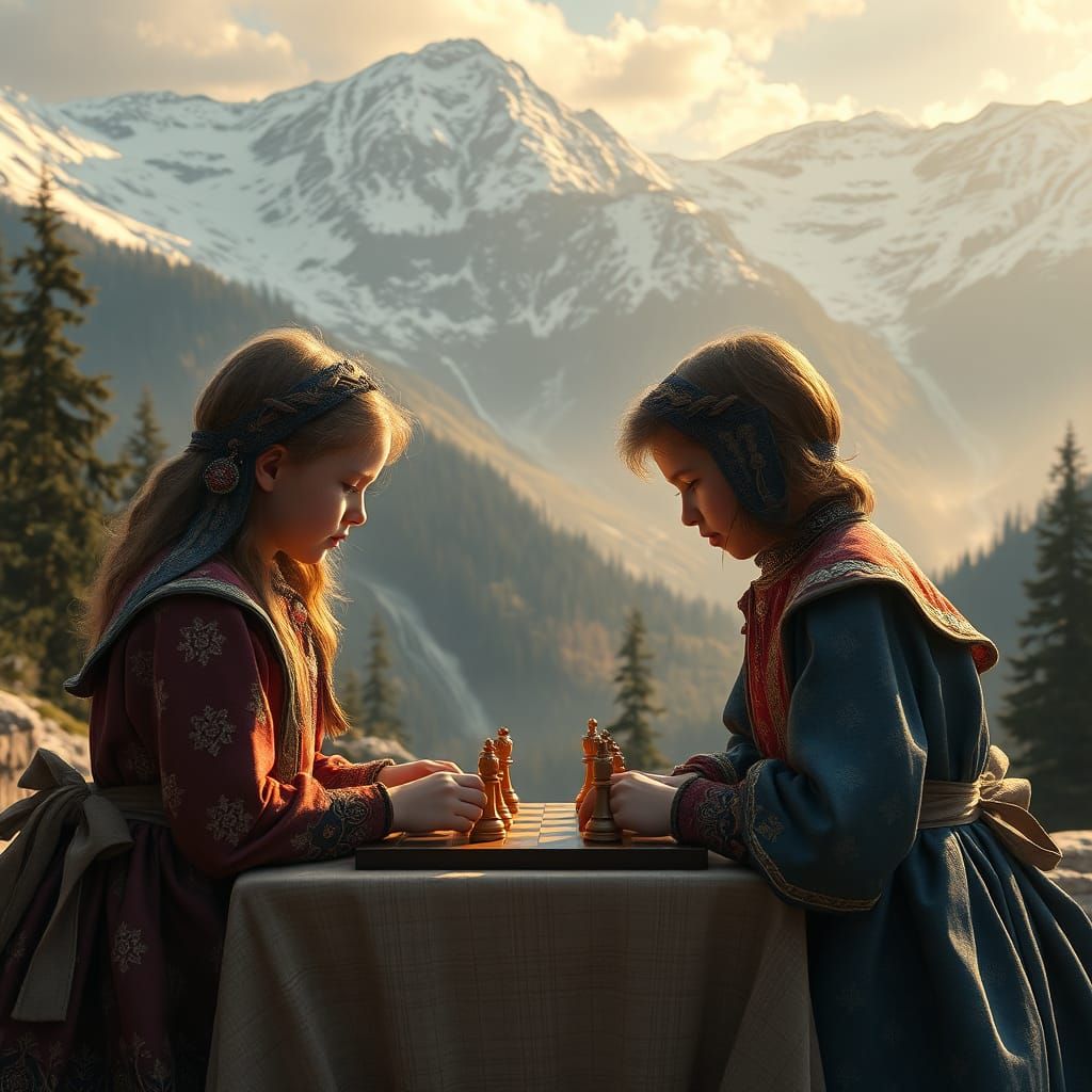 Children's Chess Game in the Swiss Alps