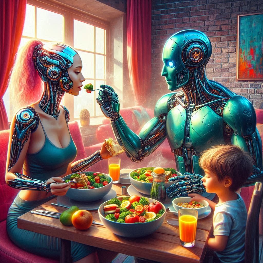 Robot, woman cyborg and child
