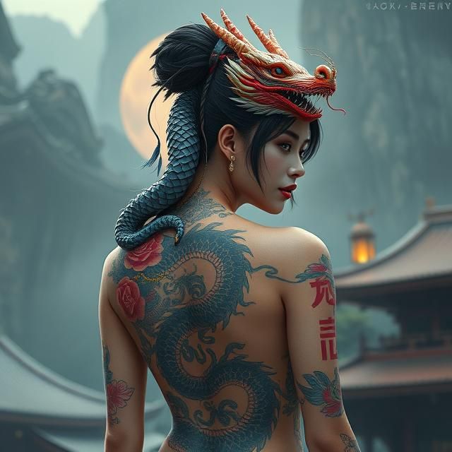 GEISHA TATTOOED WITH A DRAGON COVERING HER BACK.