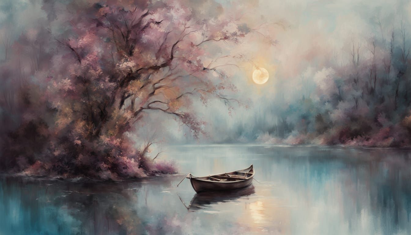 Surreal Moonlit Boat Scene with Tree Reflections in a Grungy serene lakeside scene at night, with a boat ...  by @5Foot3 Marie