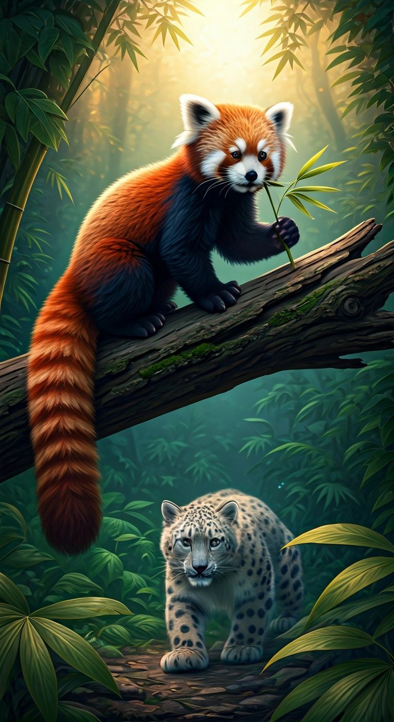 red pandas amidst a vibrant, lush, and misty forest, rendered in full color with intricate details; one...
