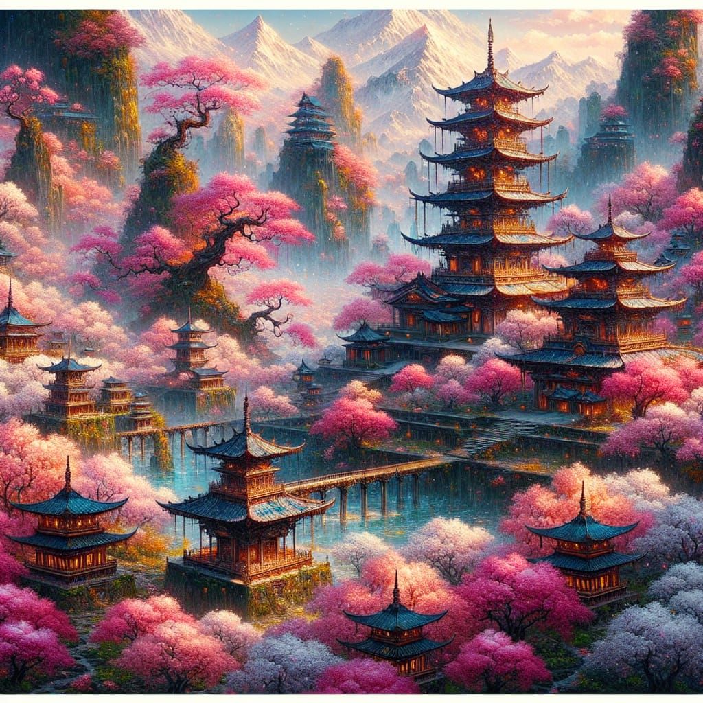 A giant Japanese garden with a lot of cherry blossom trees and pagodas  by @Kittyattack2014