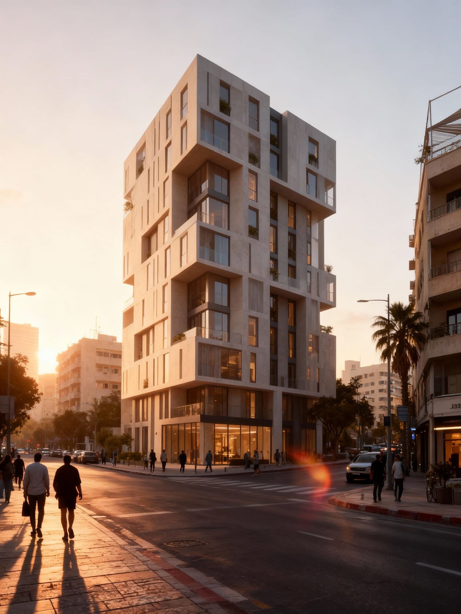 Take the cube in the image and make a complex elegant building in Tel Aviv based on it. Have the building placed in Disingoff street with pe...