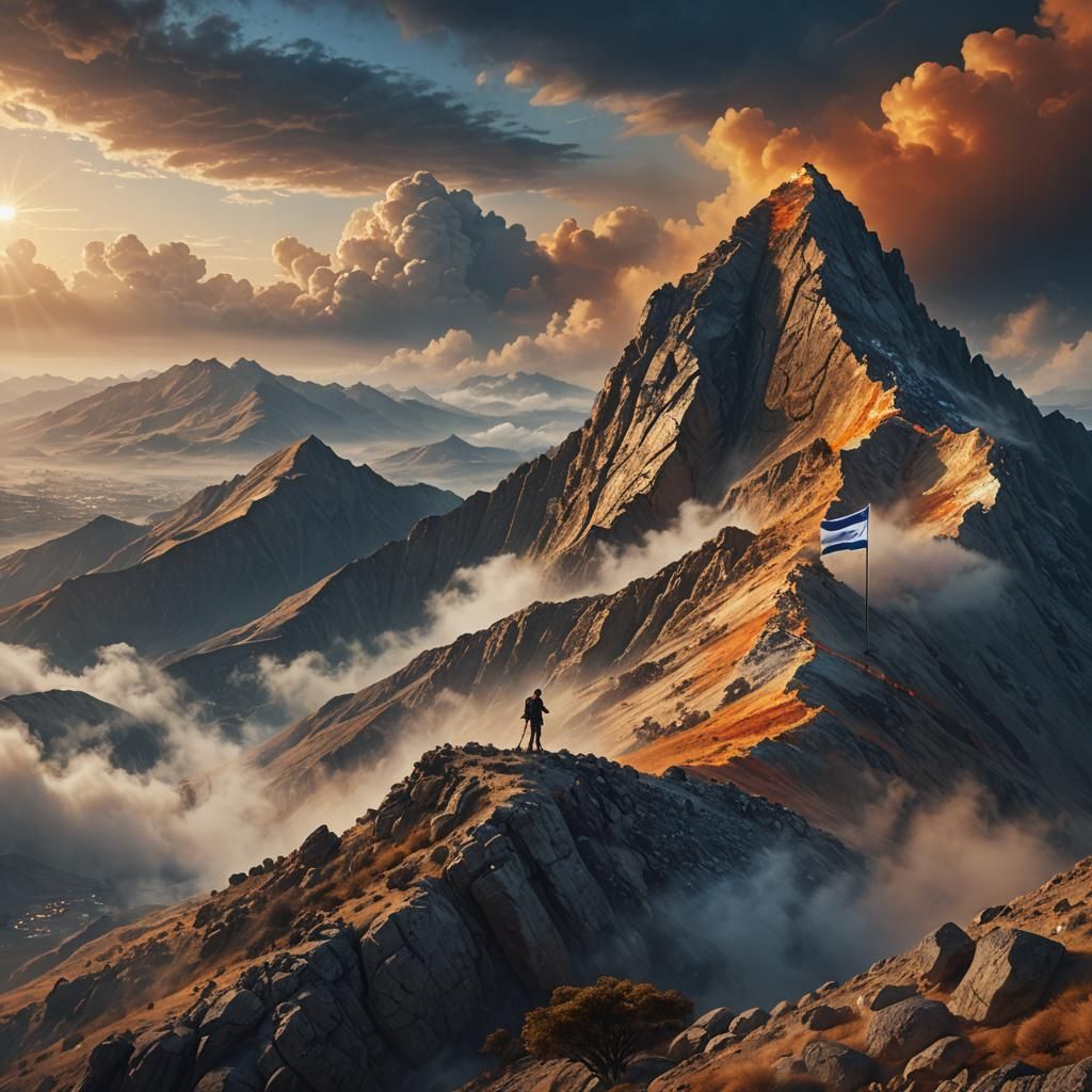Israel Flag on Mountain Peak in Golden Light