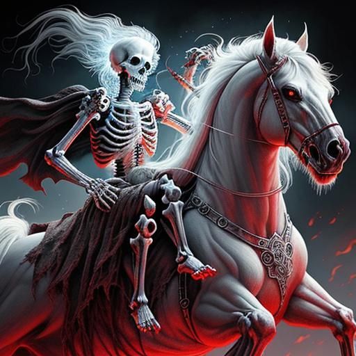 Skeleton wraith riding on the back of a white ghost horse with red ...