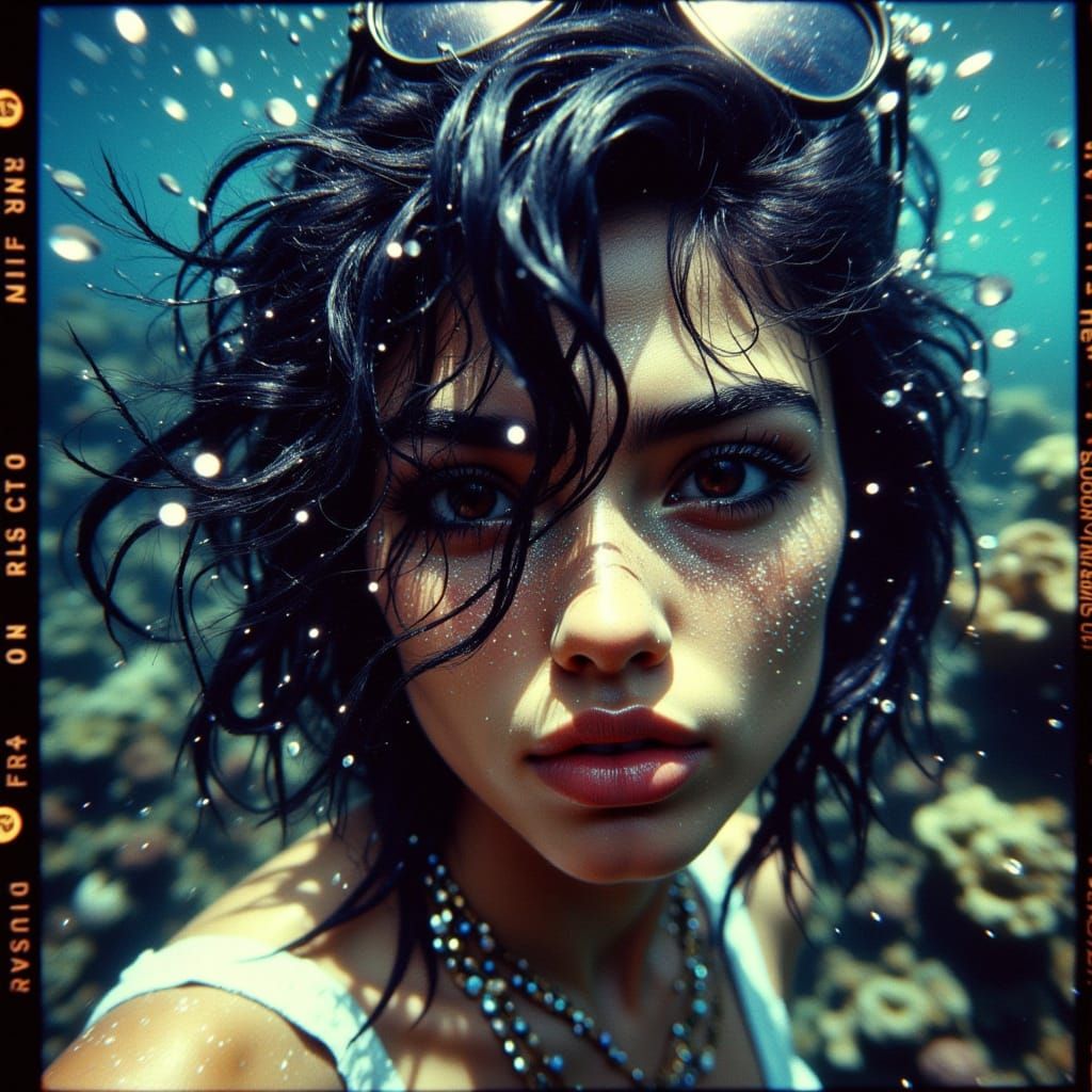35mm Film: Hypermaximalist, splashy, sparkly noir painting: Underwater portrait of a Latina model close-up. Looking at the camera, soft ocea...