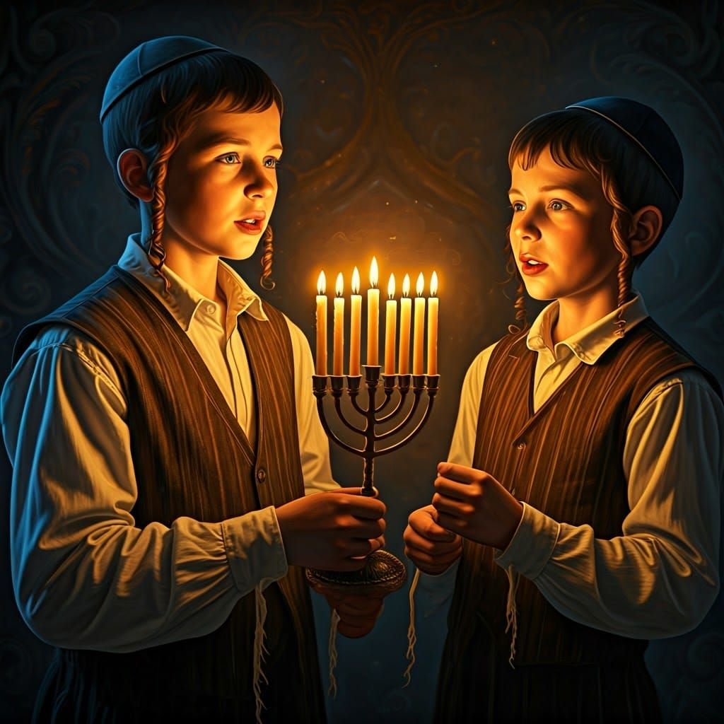 Jewish Children Celebrate Hanukkah in a Whimsical, Dreamlike...