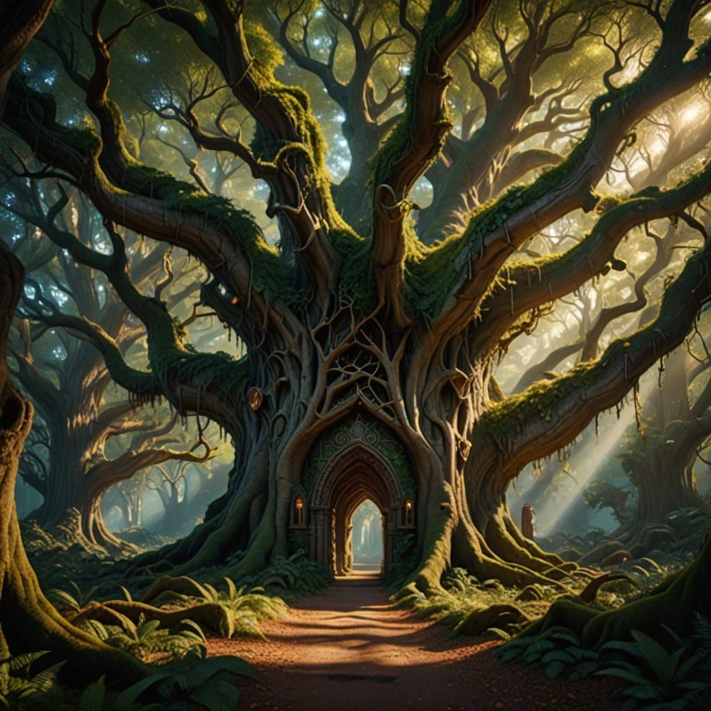 Enchanted forest. Wide shot. Ancient trees form a cathedral-like canopy, bathed in dappled sunlight. A hidden doorway opens into the earth, ...