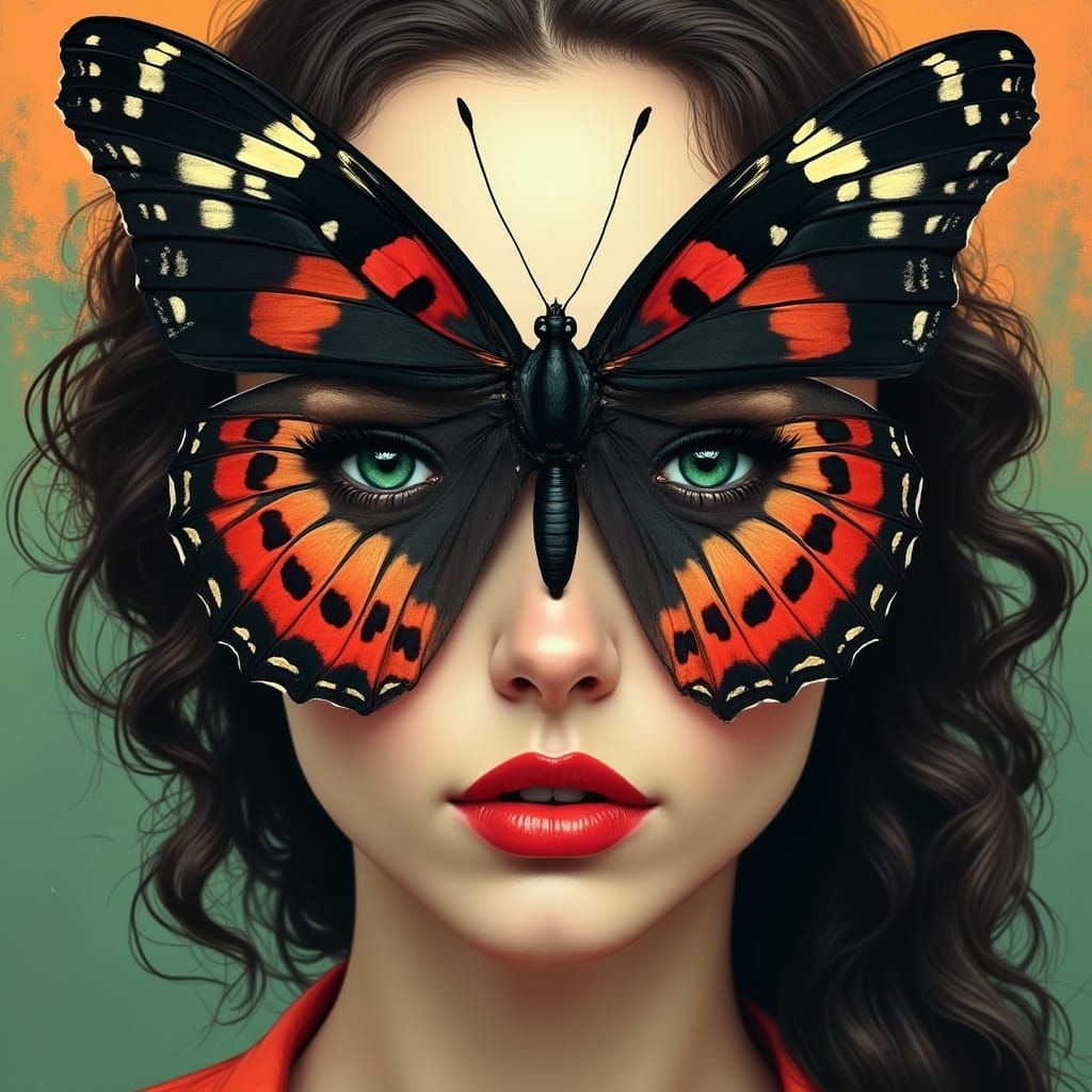 Create a vibrant hyper-realistic portrait of a woman with a butterfly aligning perfectly with her facial features. The woman has porcelain, ...