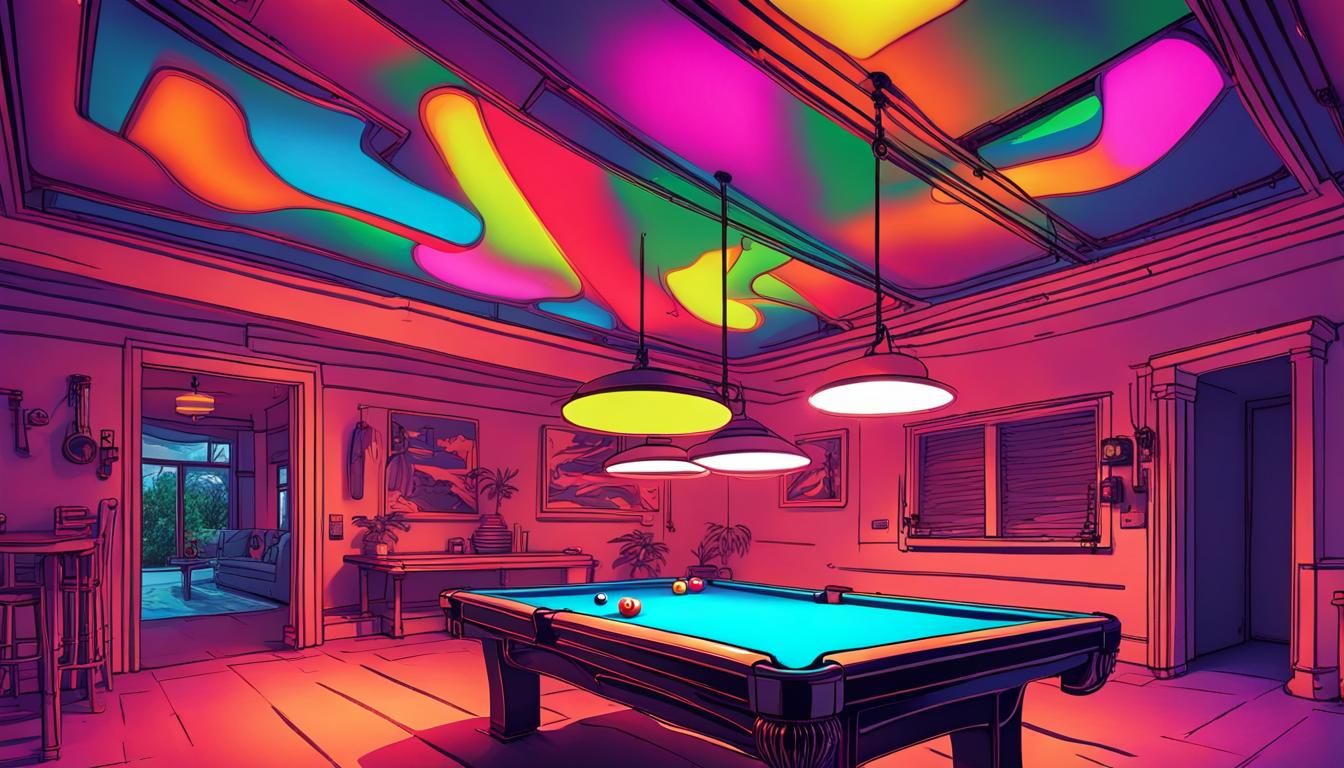 Fluorescent light hanging over a pool table with trippy colo...