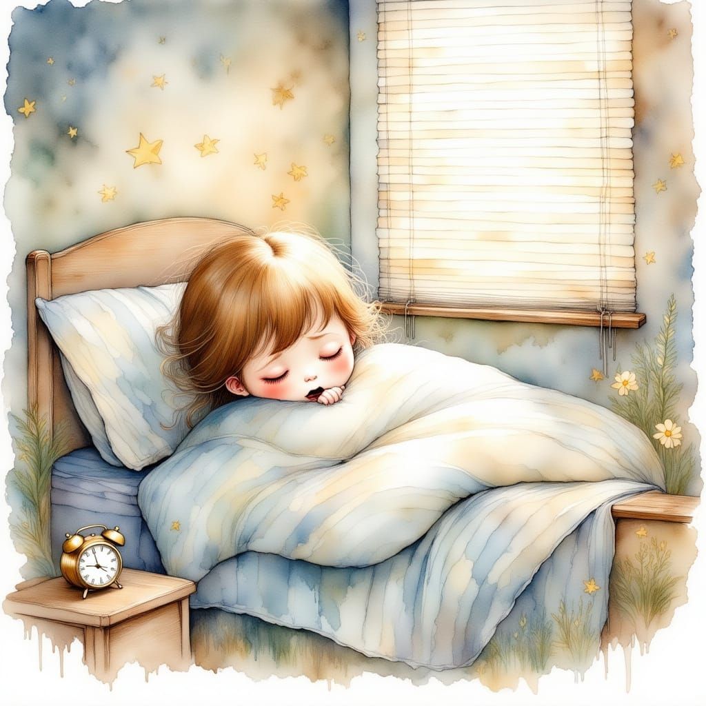 Chibi Girl Cries at Alarm Clock in Watercolor Style