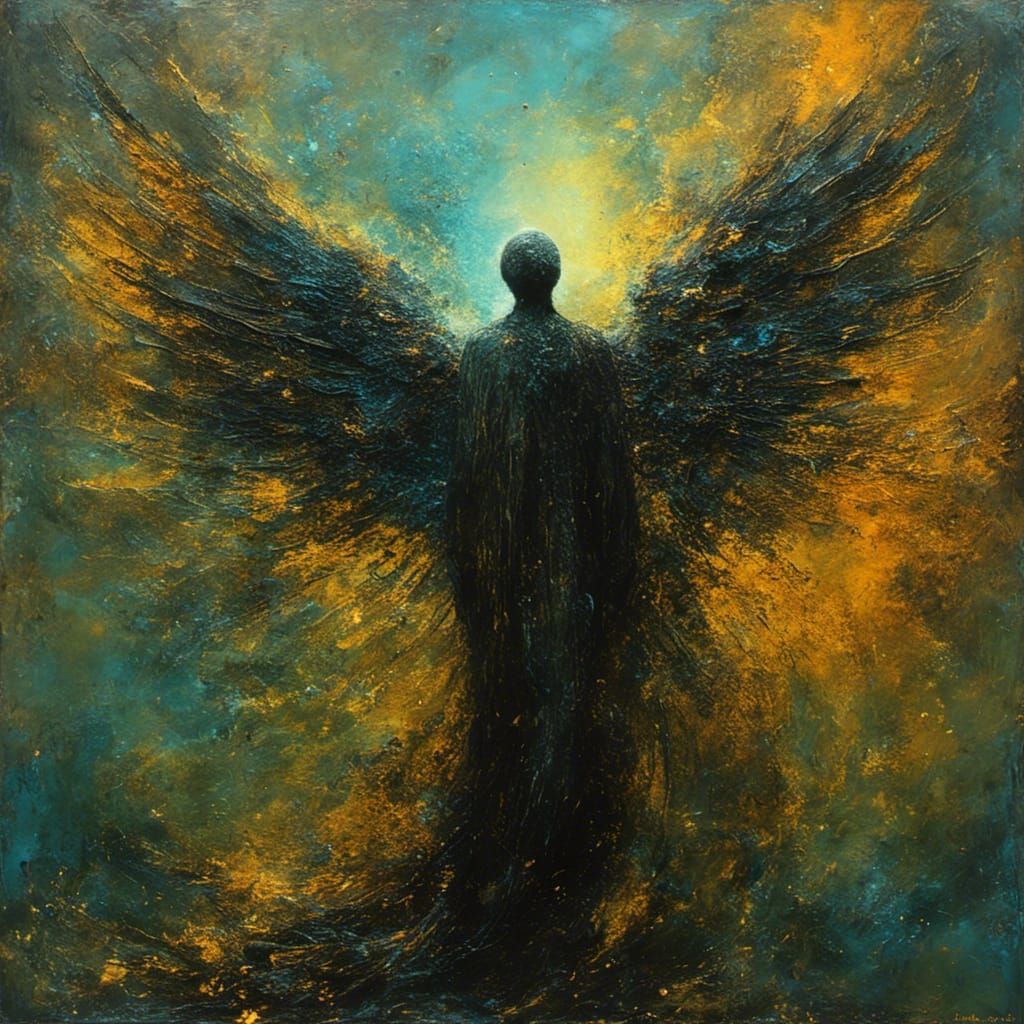 <lora:MJ6 Dark Oil Splash:1.0> Halo, the Angelic Herald: An angelic being whose presence radiates divine light, bringing hope and comfort t...