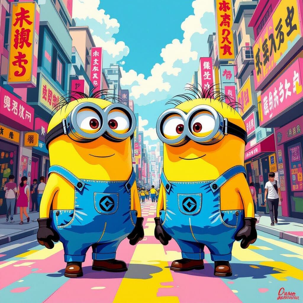 Minions in a Colorful City, Digital Illustration