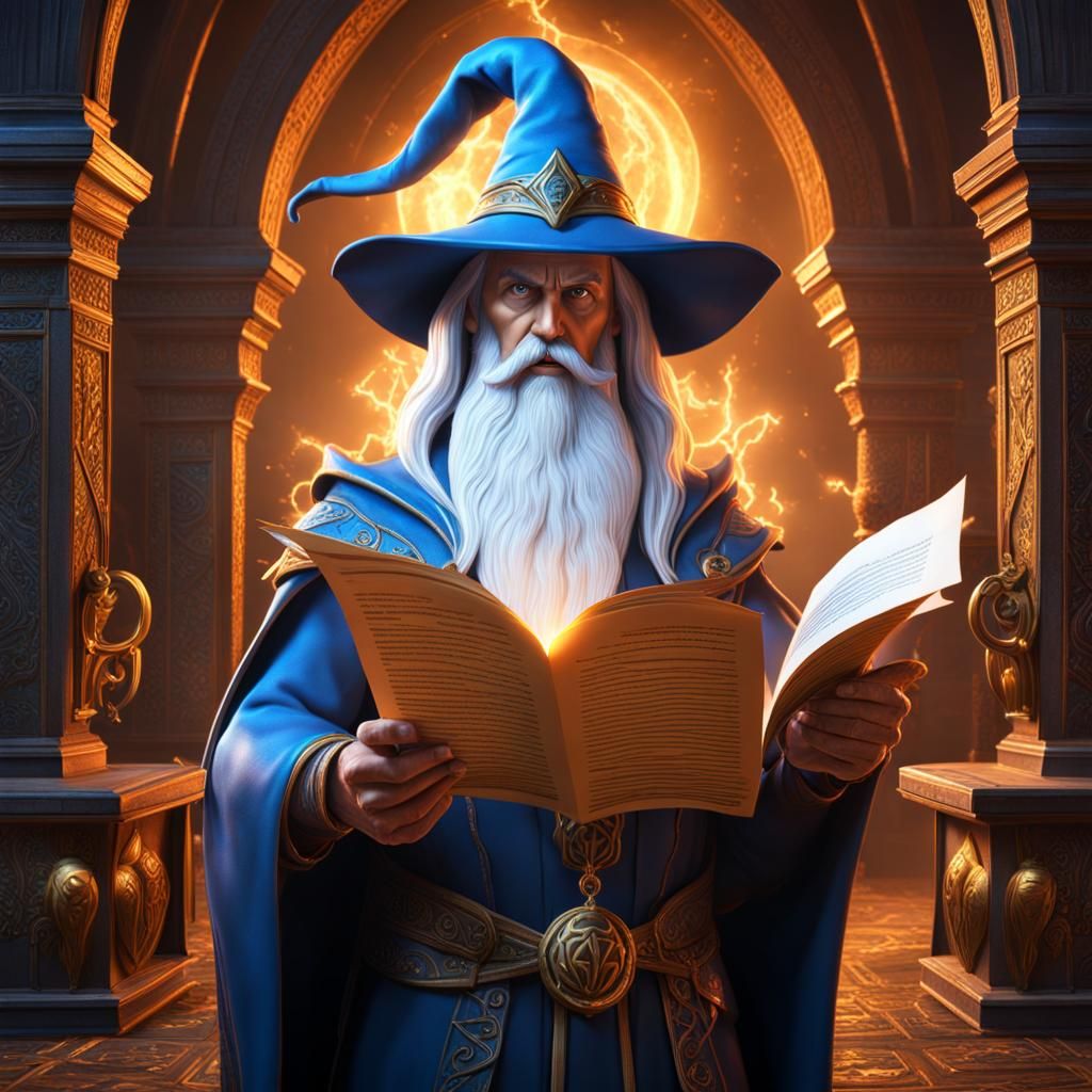 Wizard holding Answers Paper, in realistic mode, must say large word ...