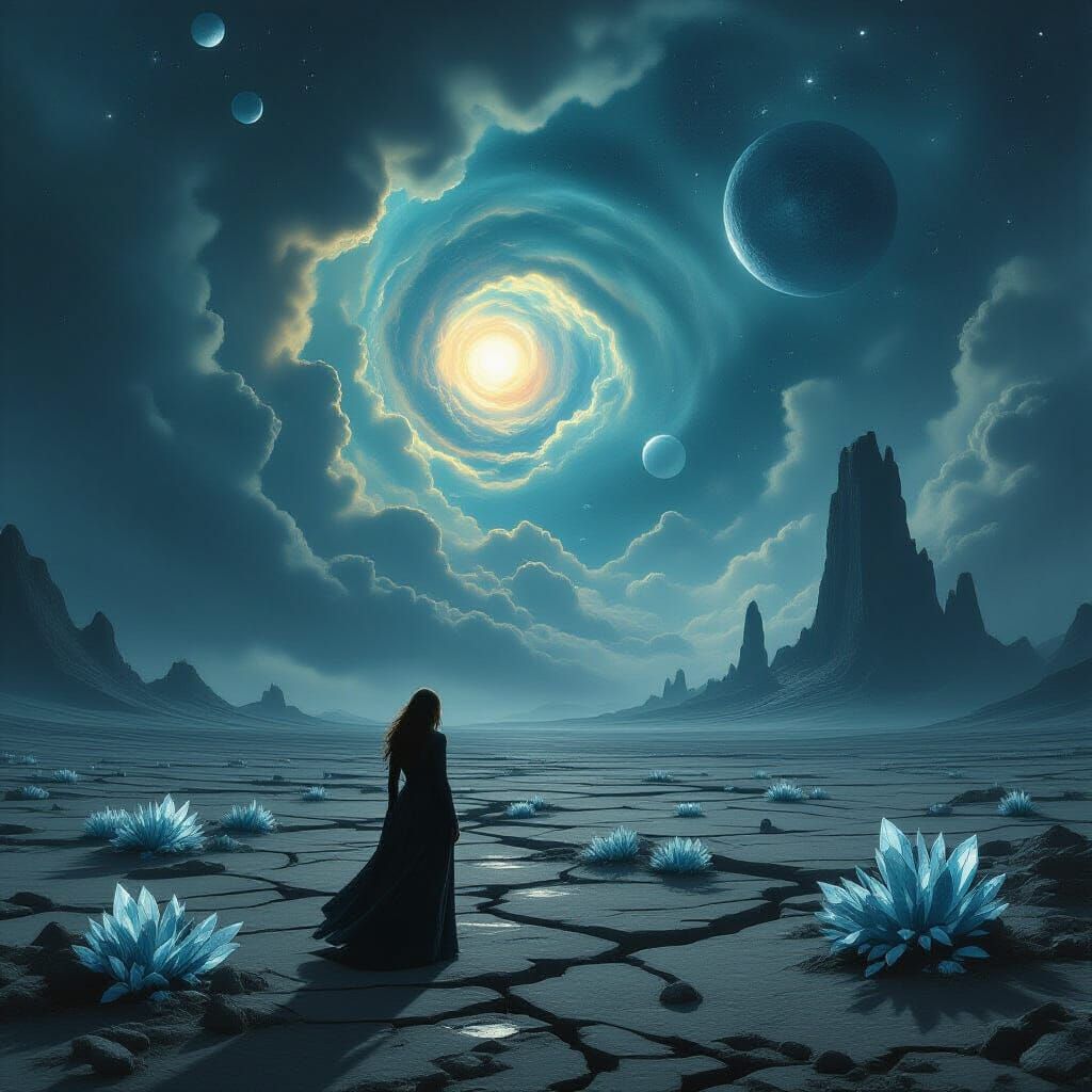 A solitary woman stands on a desolate, windswept plain under a sky filled with swirling nebulae and distant, alien moons. The ground is crac...