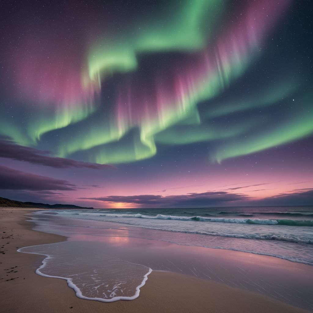 Serene Beach at Night with Northern Lights