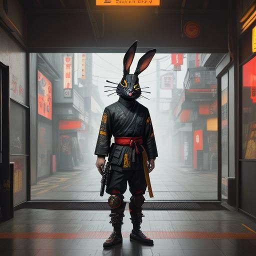 Anthropomorphic rabbit wearing a  samurai suit and a Japanes...