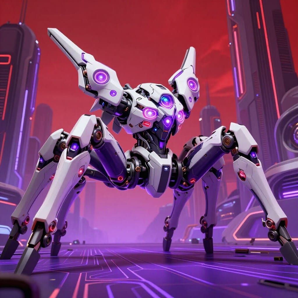 An angled view of an awesome, sleek, aerodynamic, colossal, extremely detailed and alien-looking 4-legged quadruped spid...