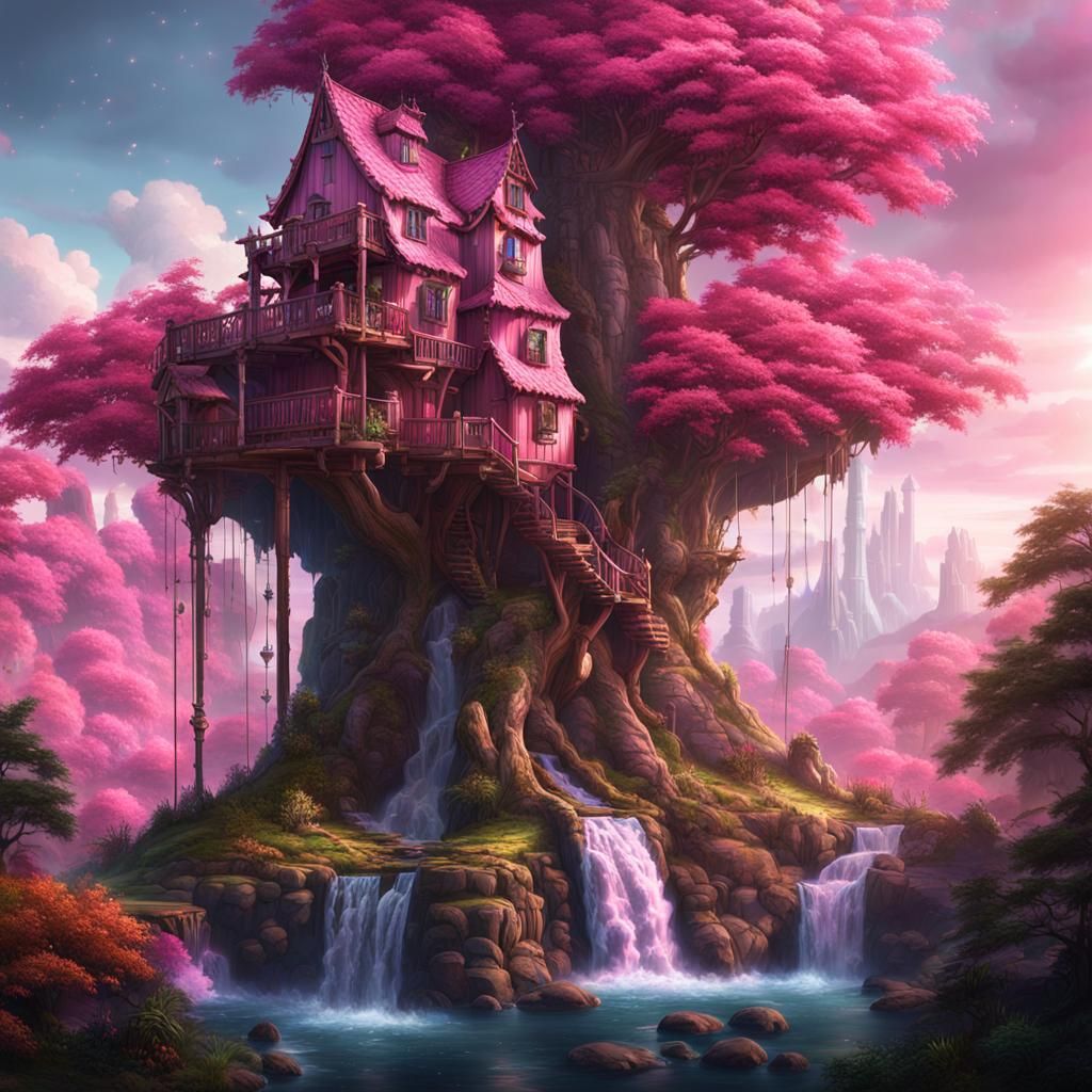 hyperealistic pink high tower, tree house and waterfall