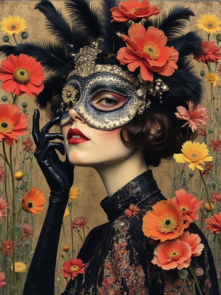 Carnival Masks Black and white iridescent sparkling collage scrapbook drawing style of poppy flowers lilies sunflowers feathers Bohemian mas...