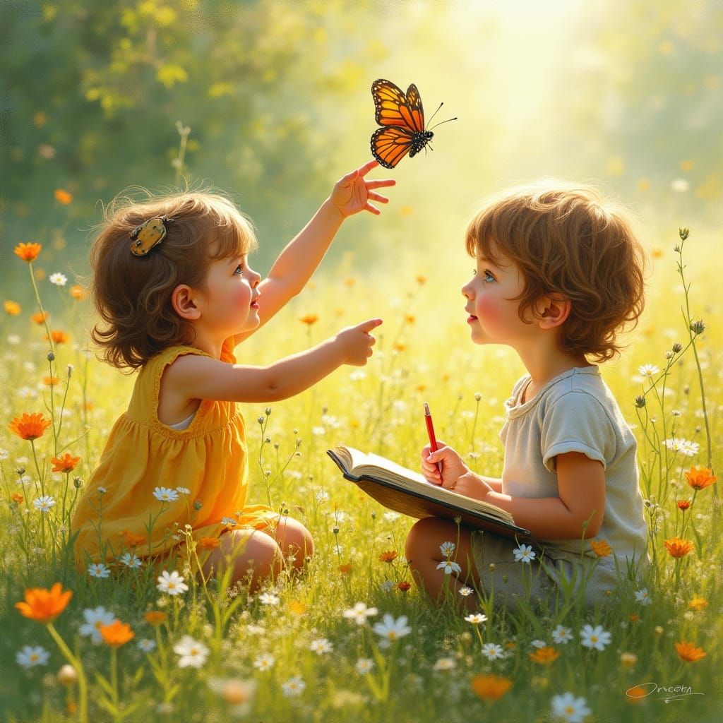 Children Playing in Sunlit Meadow, Impressionistic Oil Paint...