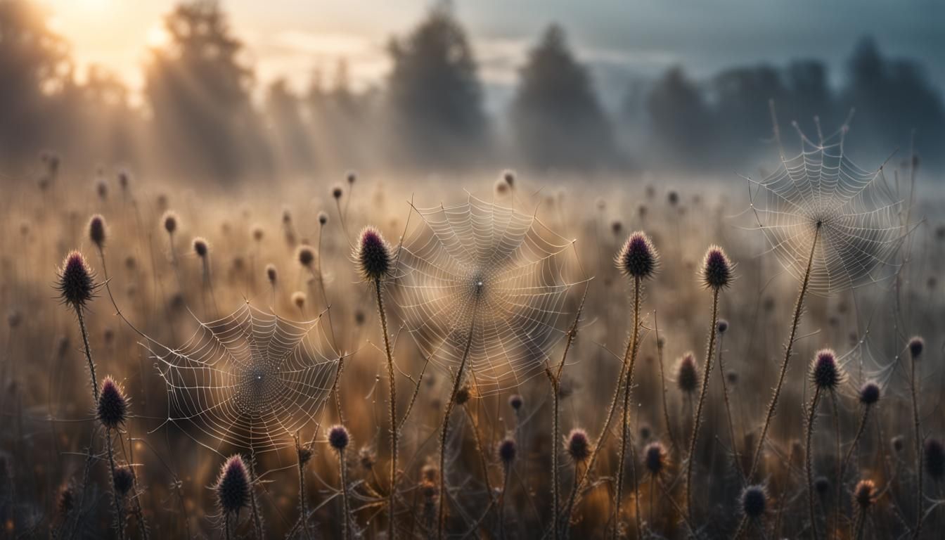 HDR foggy autumn field of thistels.  cobweb with tiny dew dr...