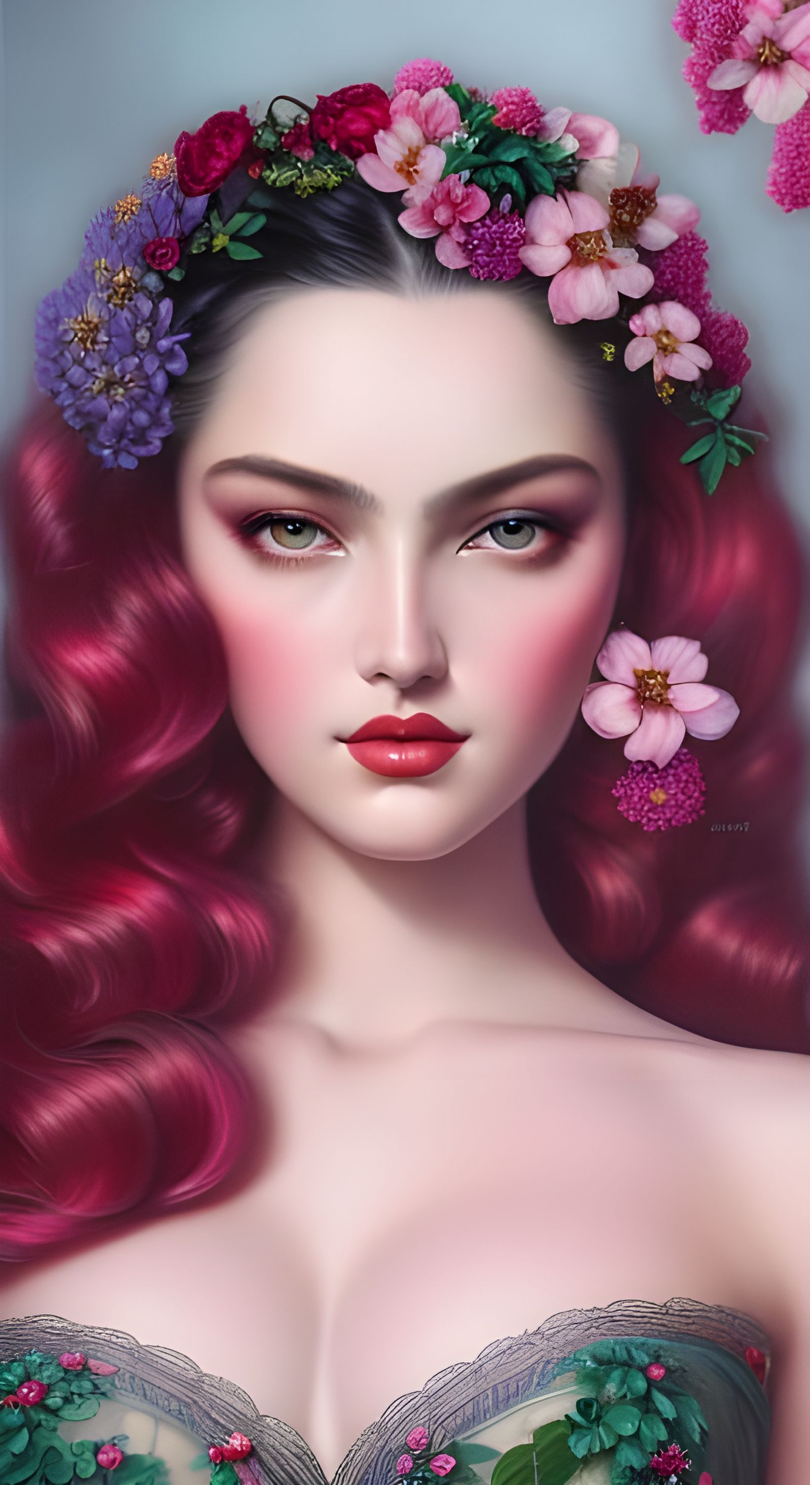 Portrait Of wavy haired pin up model in lace surrounded by �...
