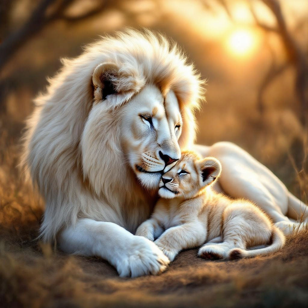 A white Lion laying with his cub #3