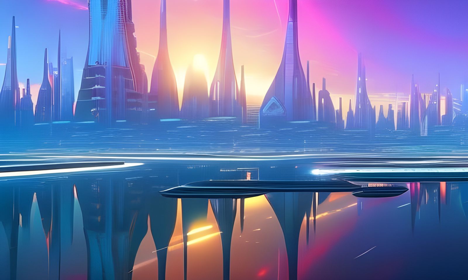 Futuristic city underwater, with water reflection, sunset, s...
