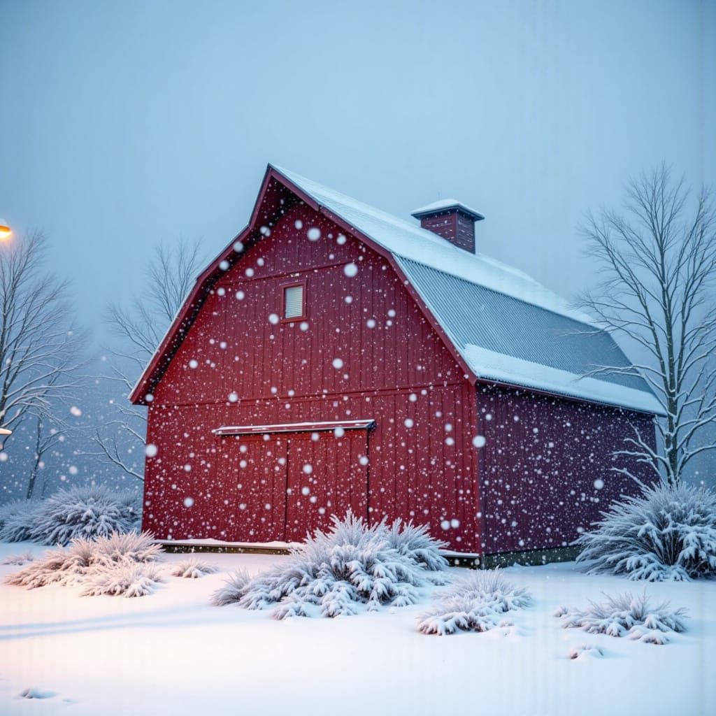 <lora:Snowfall Engine V1:1.5> red barn in snowfall