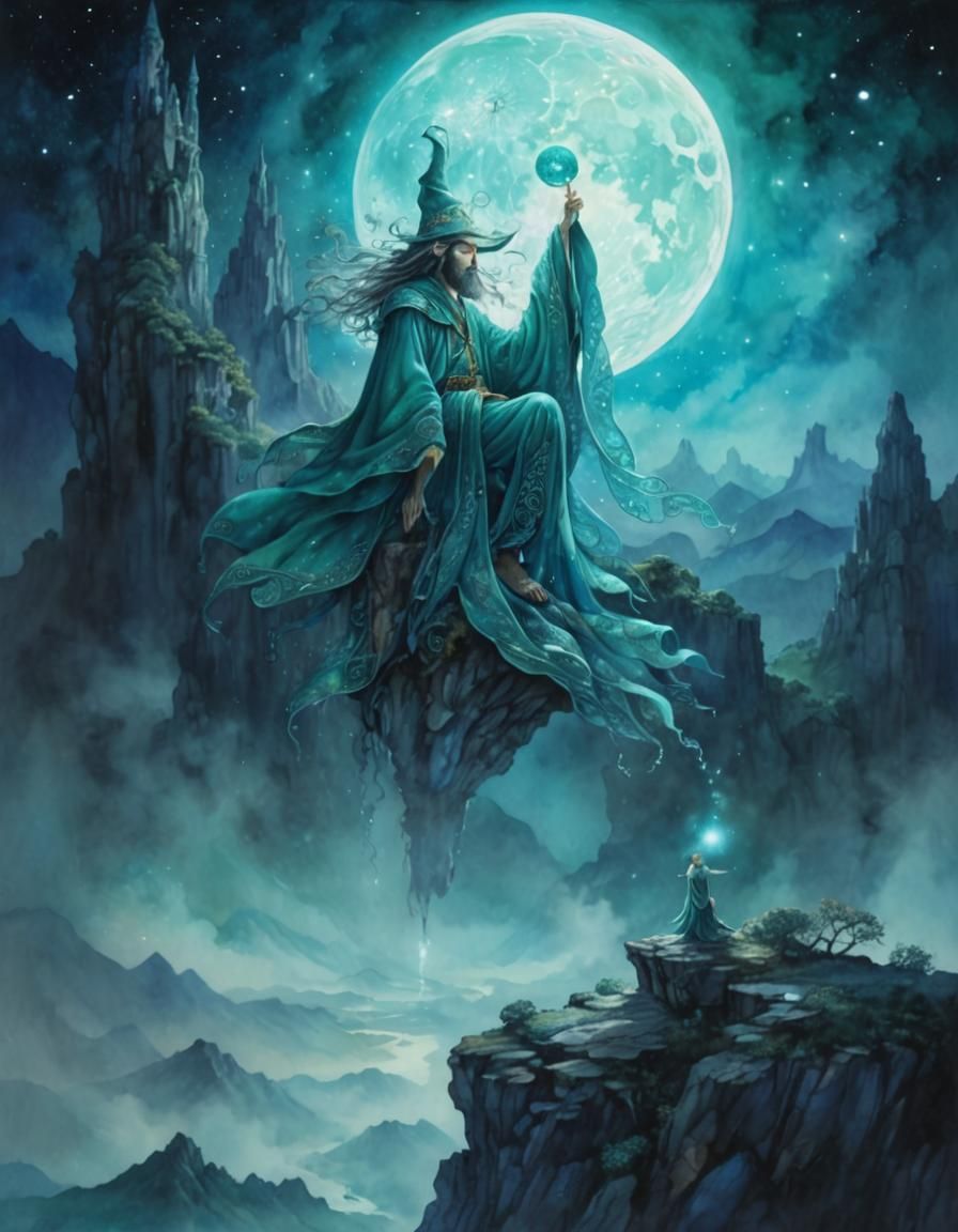 (turquoise intricately detailed watercolor painting of a mal...