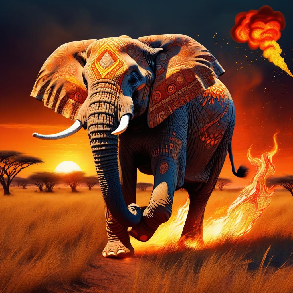 Elephant Running from Fire: Expressionist Digital Art