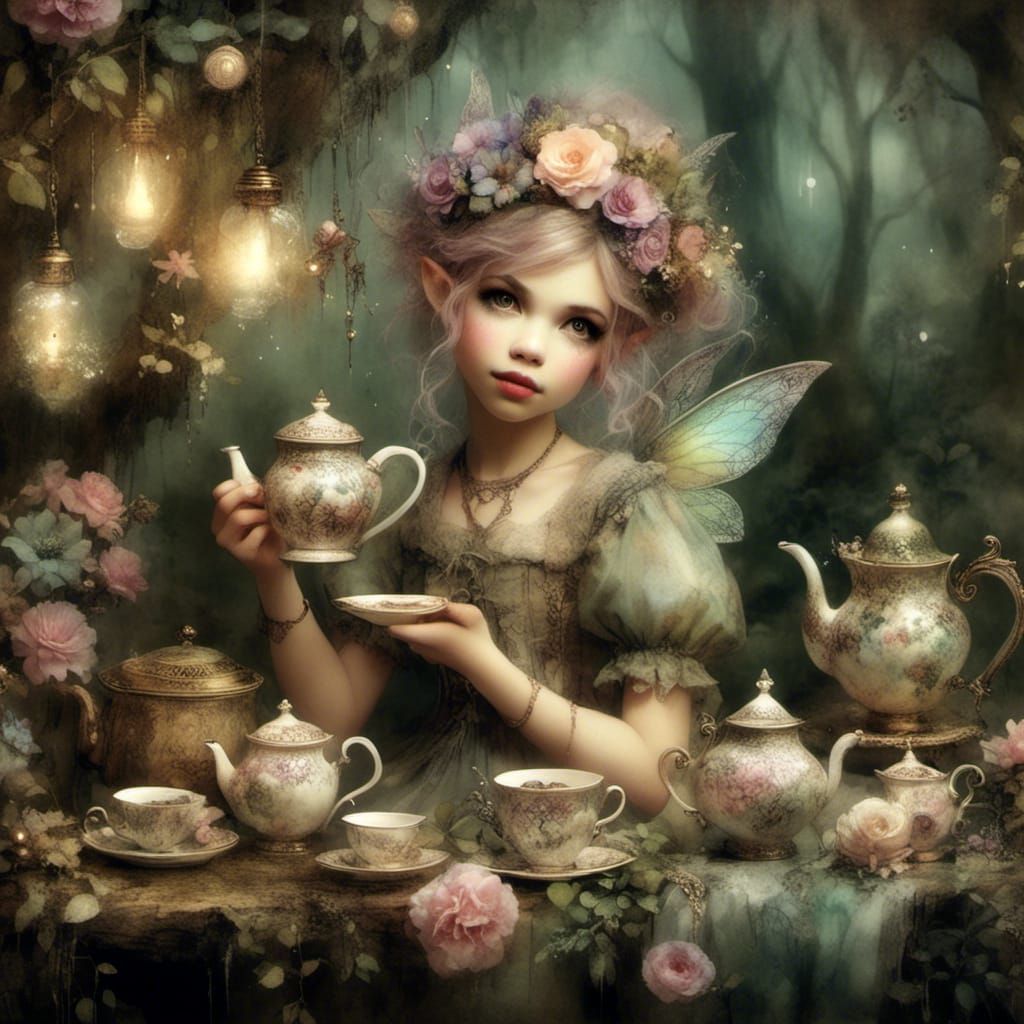 HDR <lora:Pixie Cute:1.0>Cute Pixie, pastel tones, tea service, woods, greenery, watercolor and oil mix