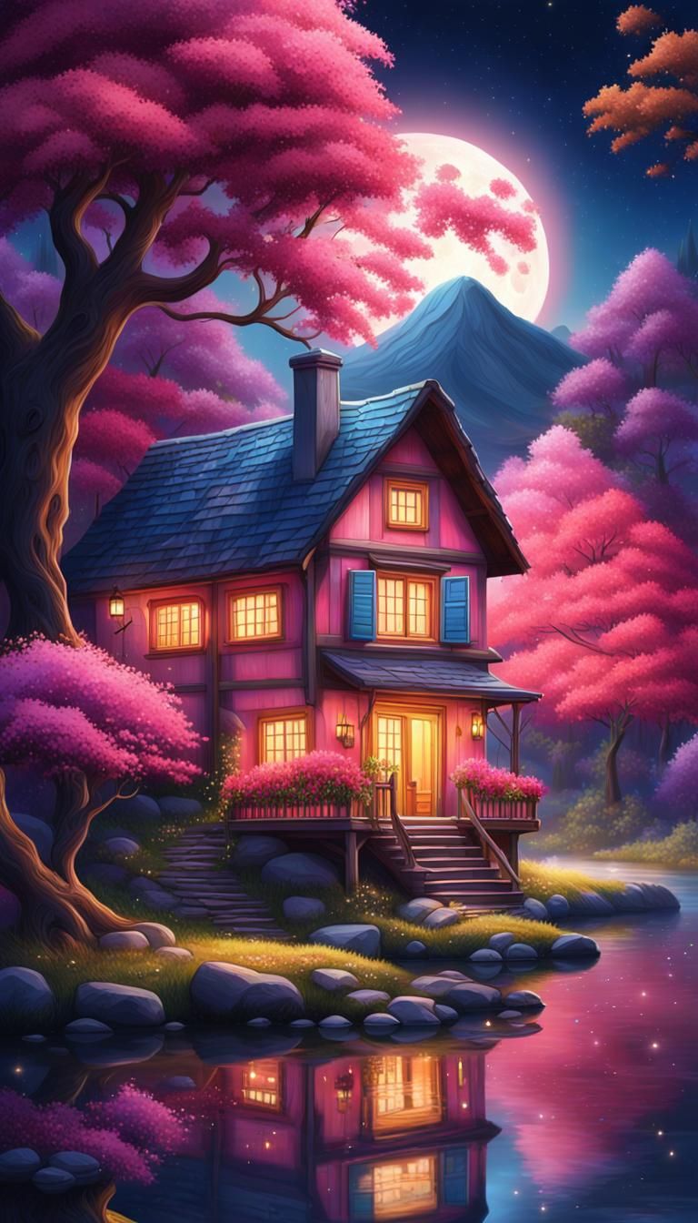 Cute little colorful cottage in the middle of the woods next...