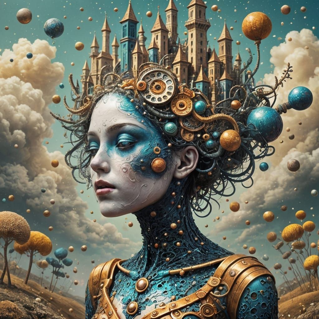 <lora:SOS LADIES NIGHT:1.0>A hyper-realistic and intricately detailed android with a fractal face, symbolizing neurodivergence. From its hea...