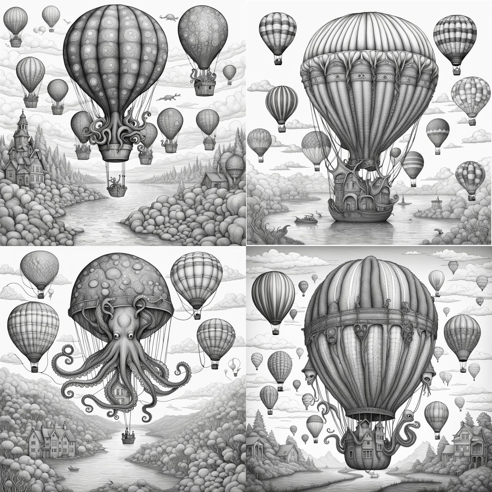 A Giant Octopus, hot air balloons, surrealism, colorless, coloring page ...