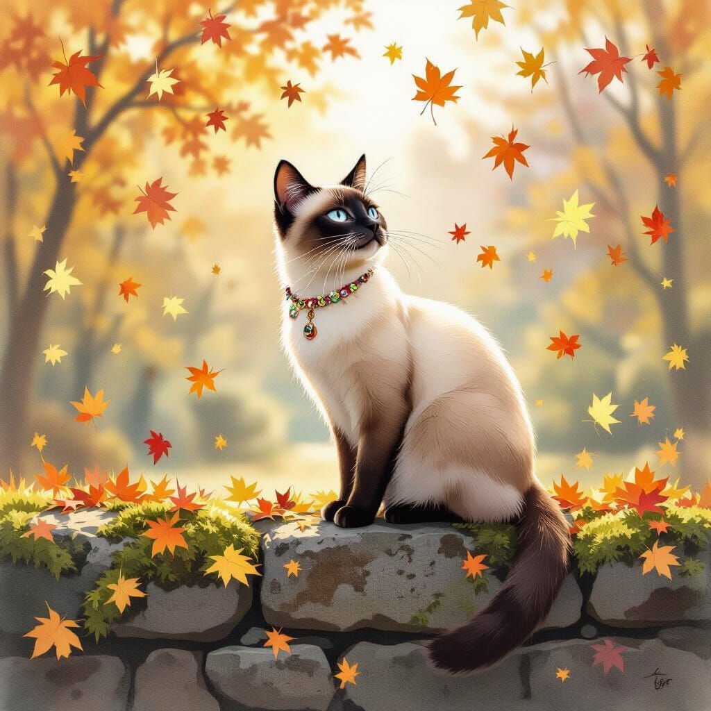 A regal Siamese cat, adorned with a tiny, jeweled collar, sits serenely atop a moss-covered stone wall, observing a flurry of golden leaves ...