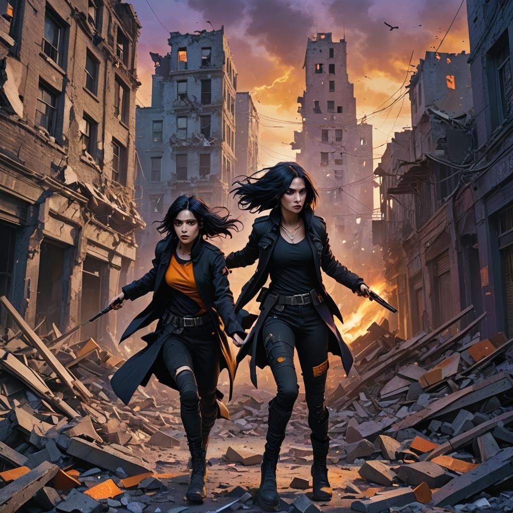 Two 20 year old women with shoulder length jet black hair in...