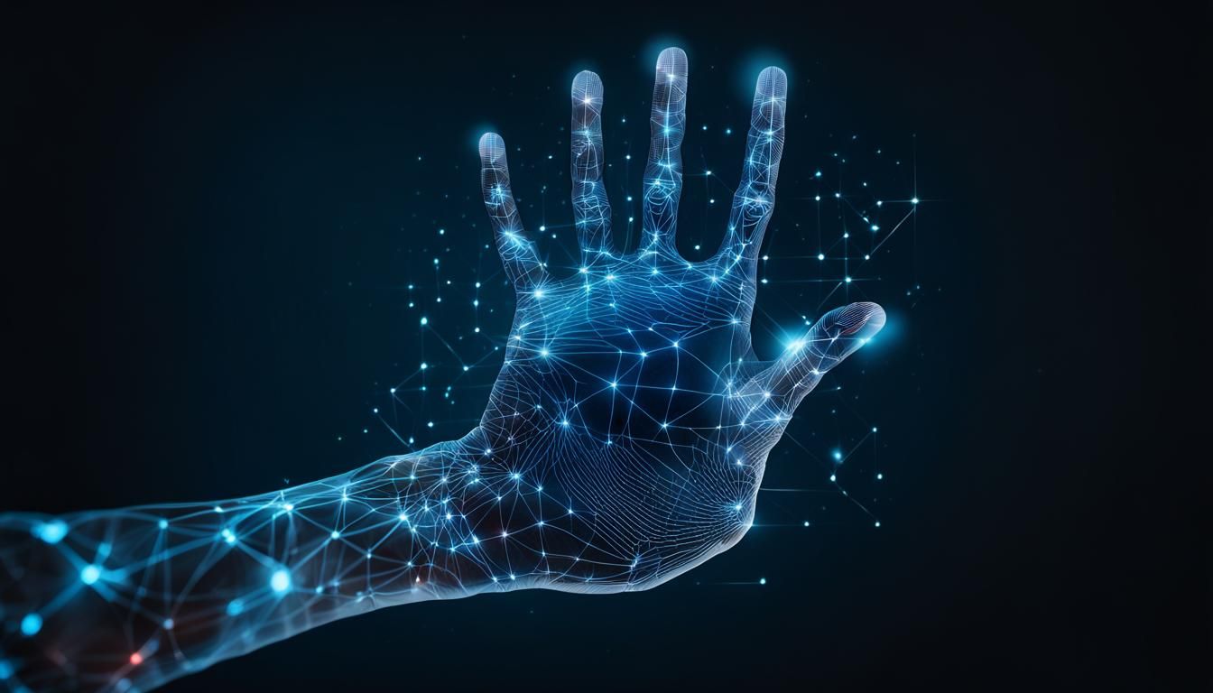 Digital hand hologram on dark background with copy space. Ne...