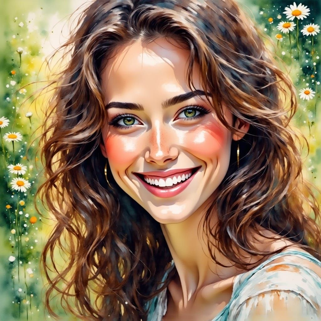 watercolor paining, oil painting, close up brunette smile woman,  in the garden <lora:Smile:1.0> 