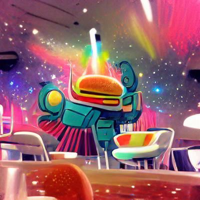 cosmic robot eating a hamburger in a colorful diner