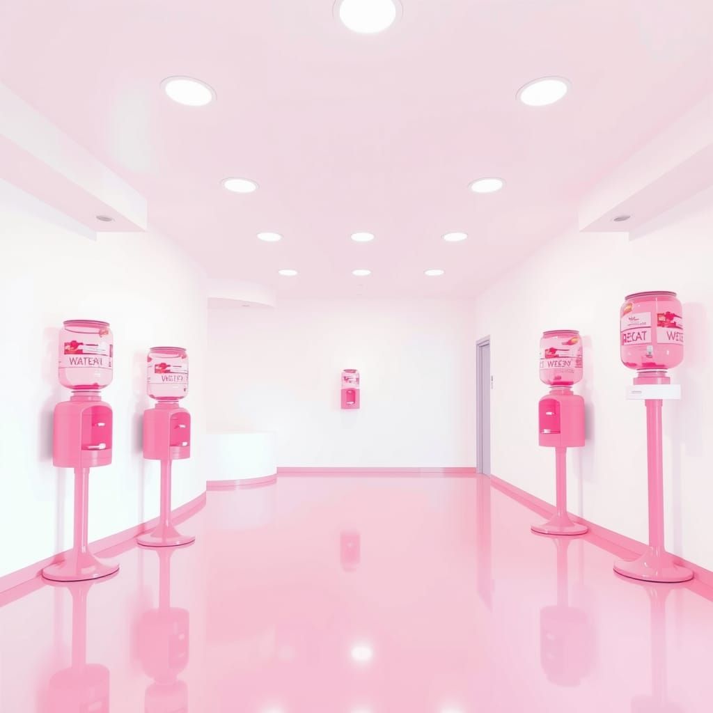 A cornering, brightly lit corridor with a reflective pink fl...