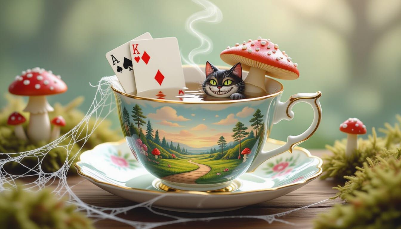 A whimsical teacup, overflowing with a miniature Wonderland landscape, complete with tiny playing cards and a mischievous Cheshire Cat grin ...