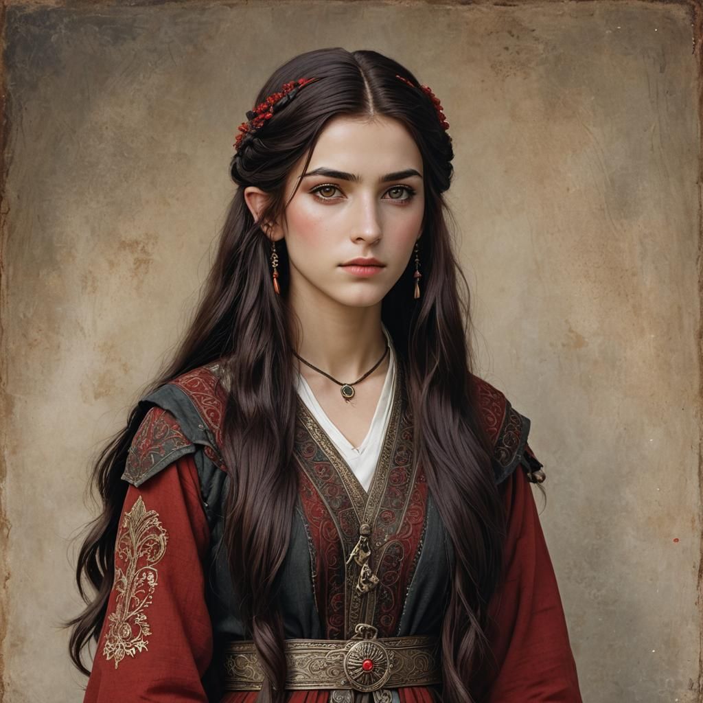 a 15-year-old young girl with long, very dark red  hair,  re...