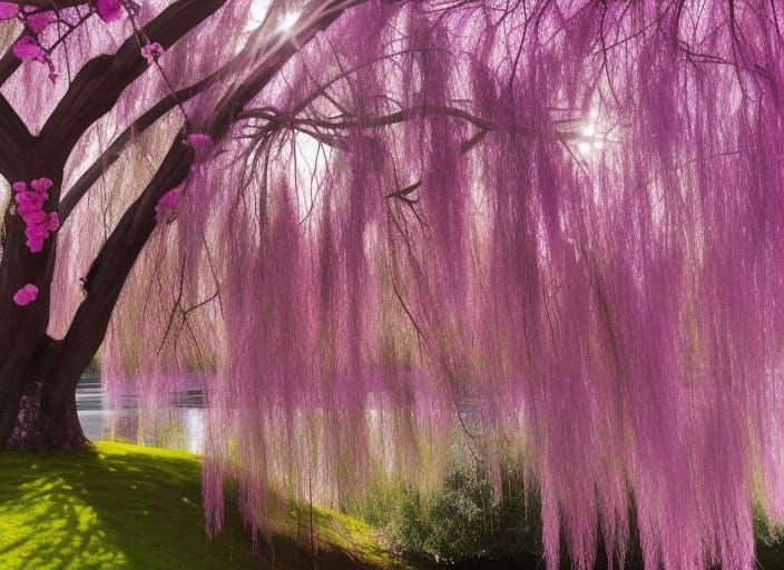 Weeping willow with pink blossoms