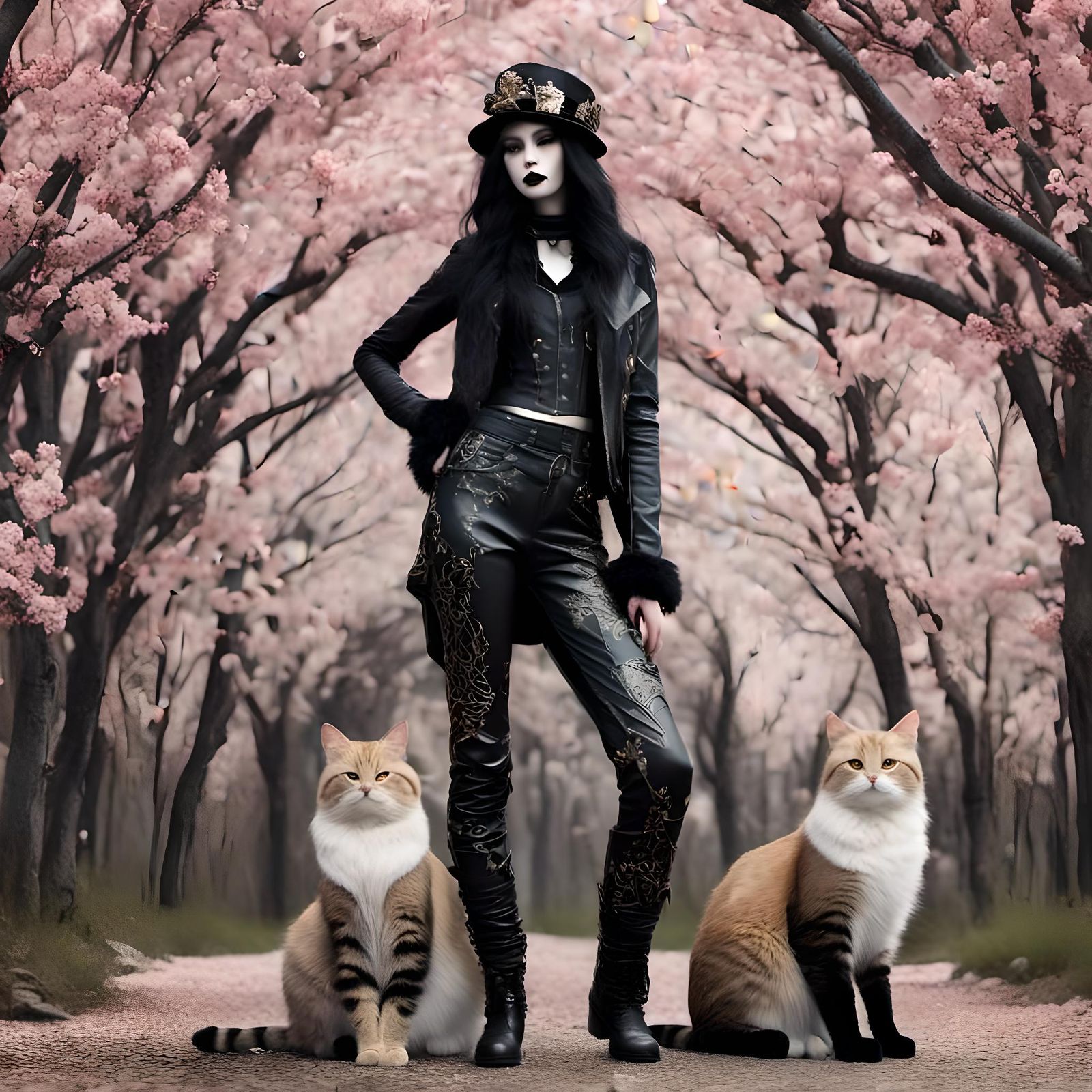 Gothic Cat in Leather Pants with Cherry Blossoms
