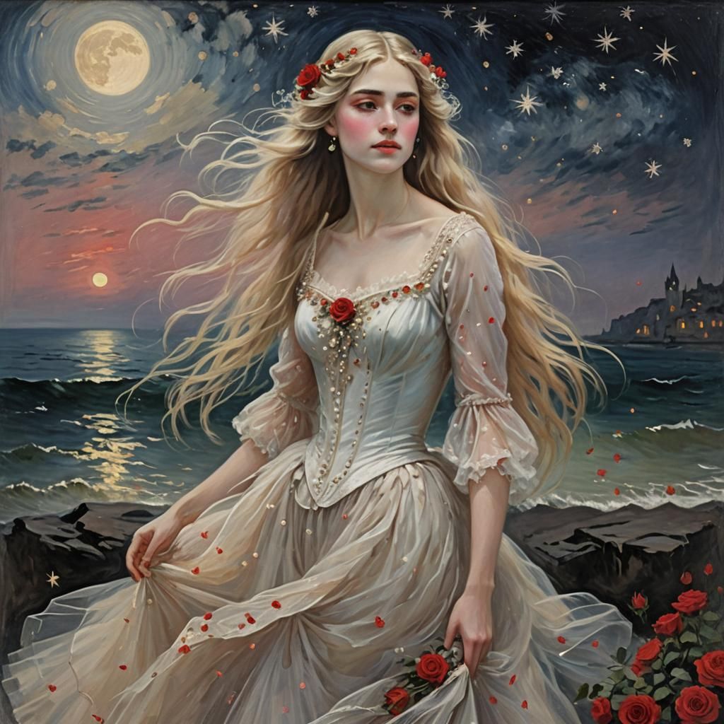 Monet Style Oil Painting of Beautiful Woman at Night